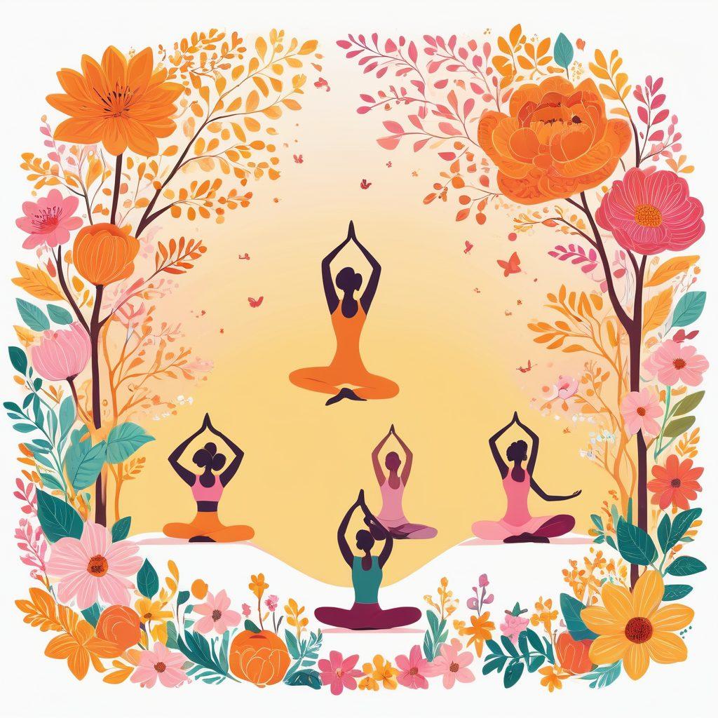 A vibrant illustration of a diverse group of individuals engaged in various lifestyle activities like yoga, cooking healthy meals, and journaling. Include elements symbolizing personal growth, such as blossoming flowers and pathways leading to success. The background should feature warm, uplifting colors that evoke positivity and motivation. Capture the essence of community and self-improvement in an inspiring setting. vector art. vibrant colors. white background.