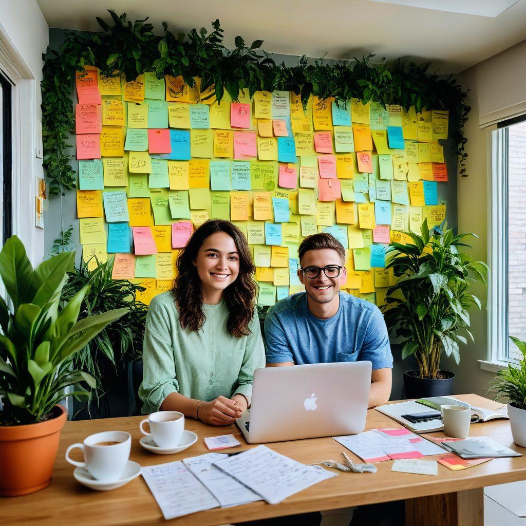 A vibrant and dynamic scene showcasing a cheerful individual surrounded by colorful post-it notes with daily tips and life hacks. The background features a bright and modern living space filled with plants and motivational quotes on the walls. Include elements like a coffee cup and a laptop to symbolize productivity and modern living. The overall mood should be uplifting and inspiring. vibrant colors. modern illustration.