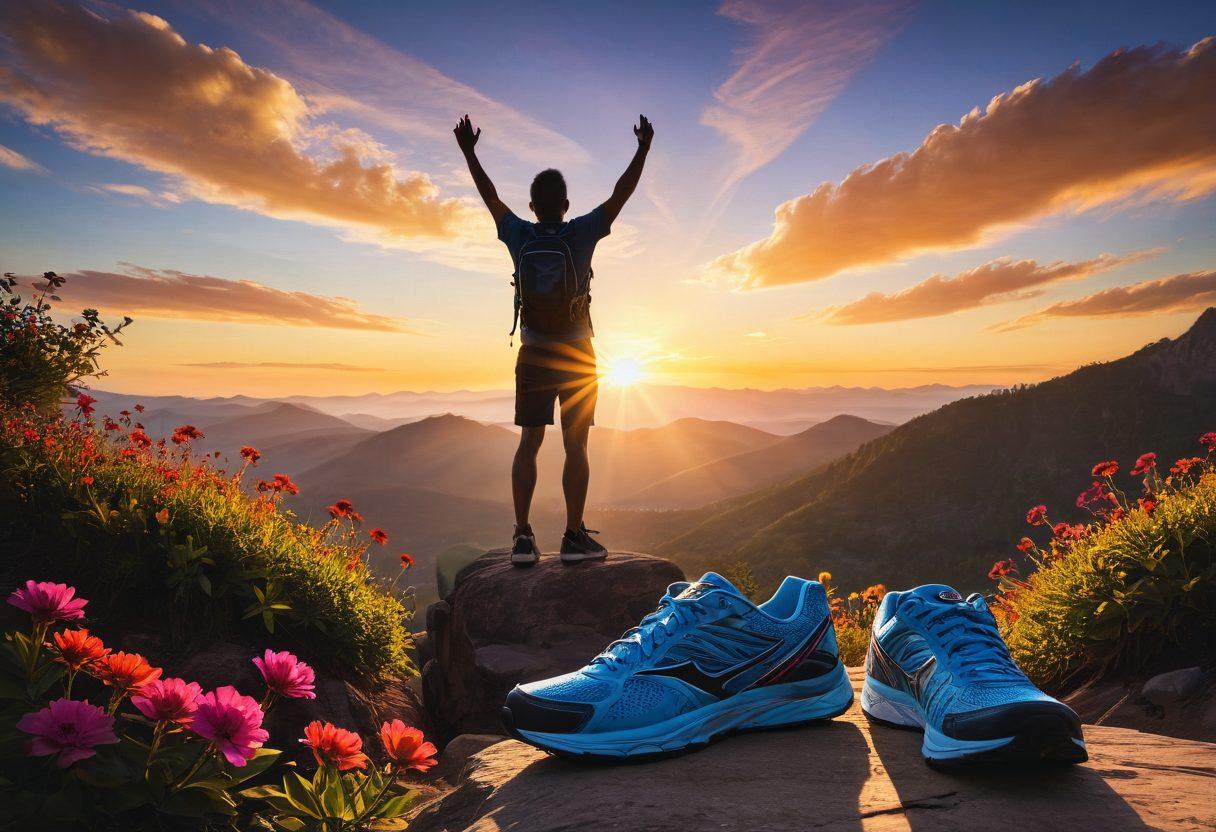 A dynamic scene depicting a silhouette of a person standing atop a mountain at sunrise, arms raised in triumph, surrounded by lush greenery and colorful flowers symbolizing growth and vitality. Vibrant rays of sunlight cascade down, casting a warm glow that highlights key elements like a notebook and pen, a water bottle, and a pair of running shoes nearby, representing personal growth and active lifestyle. super-realistic. vibrant colors. uplifting atmosphere.